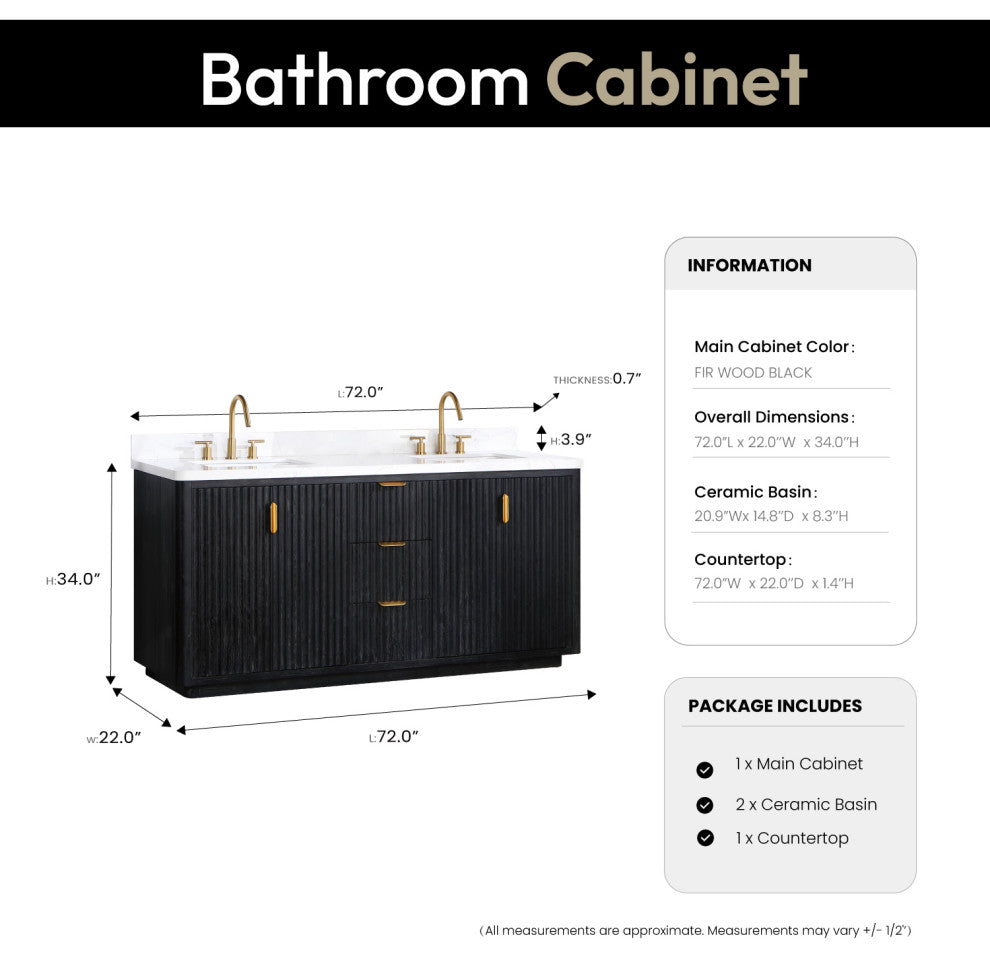 Vinnova Cadiz Bath Vanity, Composite Stone Top, Black, 72", No Mirror