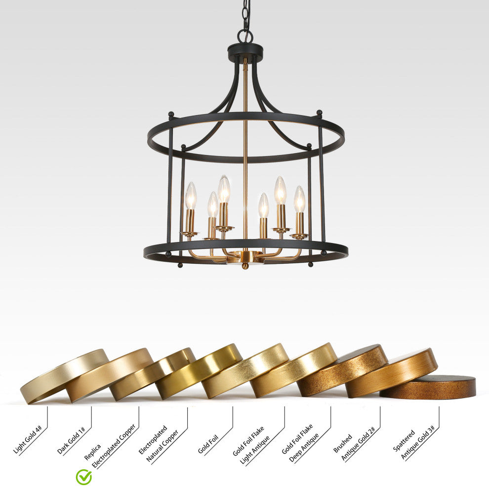 LNC Lepetos 6-Light Matte Finish Modern Cage Chandelier, Black and Brass