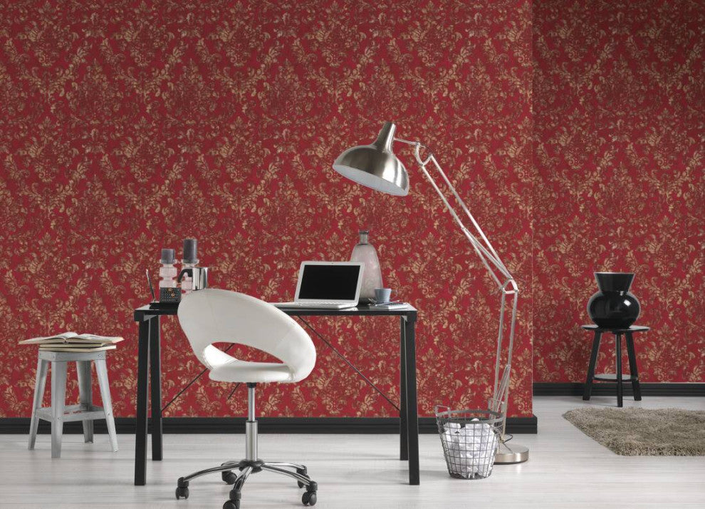 Damask Textured Wallpaper, Ornaments, 374131, Bordeaux Red Gold, 1 Roll