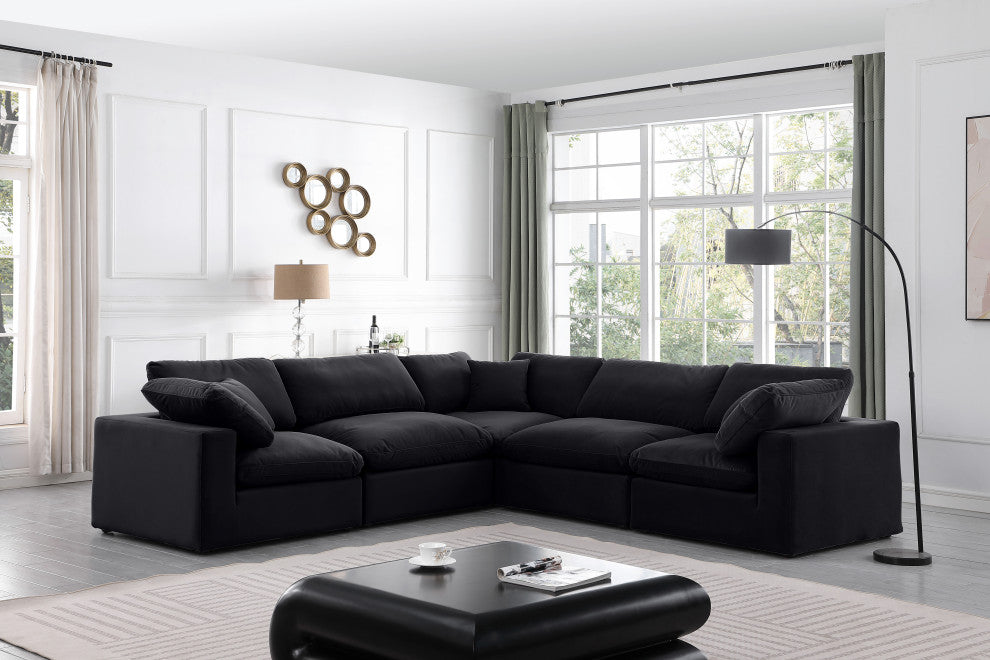 Comfy Upholstered L-Shaped Modular Sectional, Black, 5-Piece: 2 Armless Chair, 3 Corner Chair, Velvet
