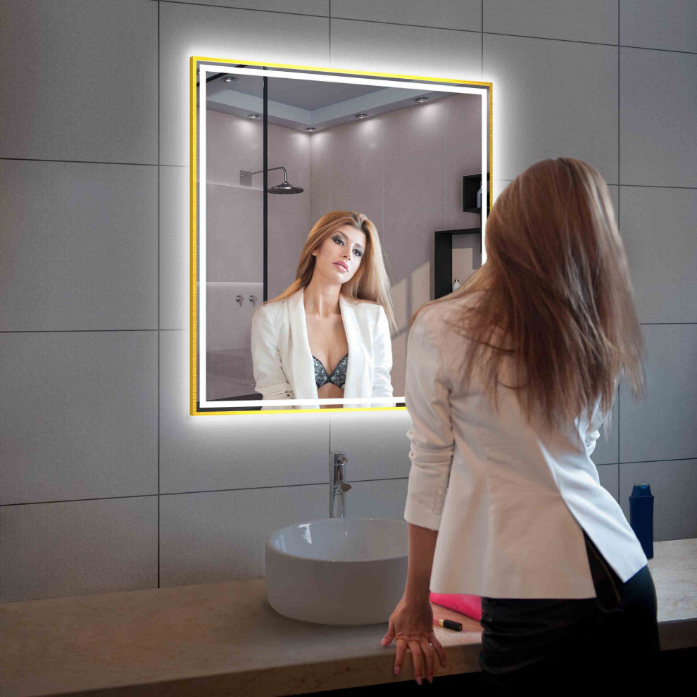 Fogless, Dimmable, Color Temperature Adjustable LED Mirror, Brush Gold, 36x36