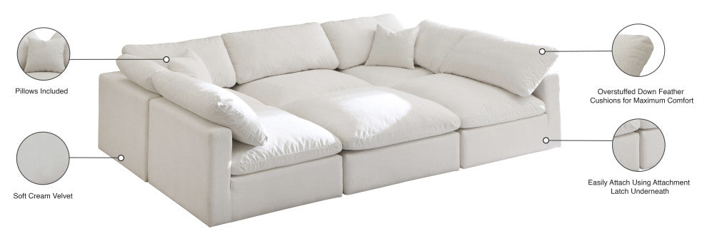 Plush Velvet / Down Standard Comfort 6-Piece U-Shaped Modular Sectional, Cream