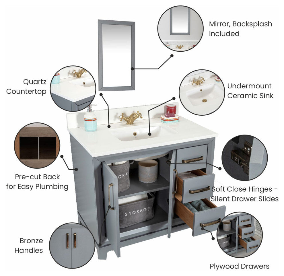 Fabia Collection 36" Bathroom Vanity With Sink, Mirror, Countertop, Dark Gray