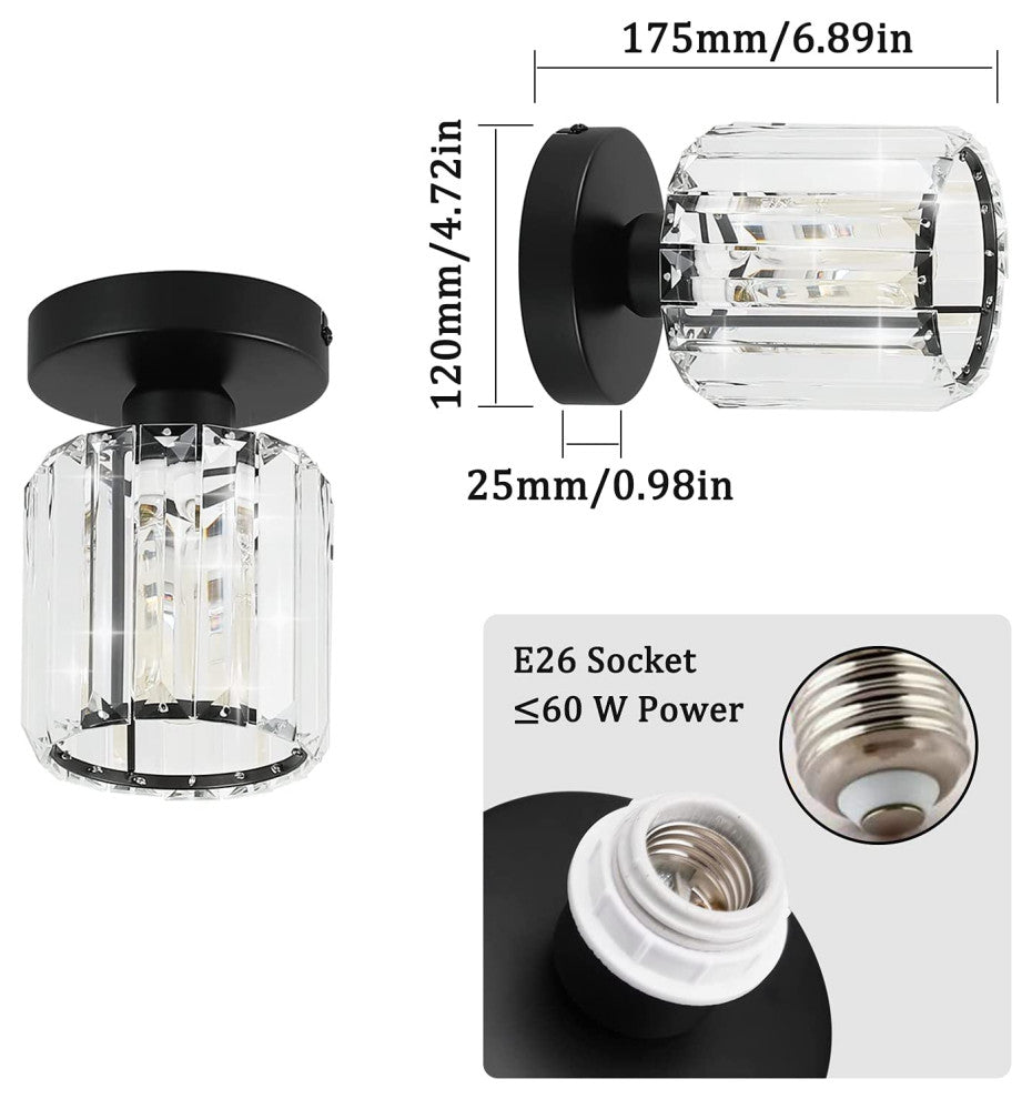 2 Pack Crystal Ceiling Light Black Semi Flush Mount Ceiling Lamp