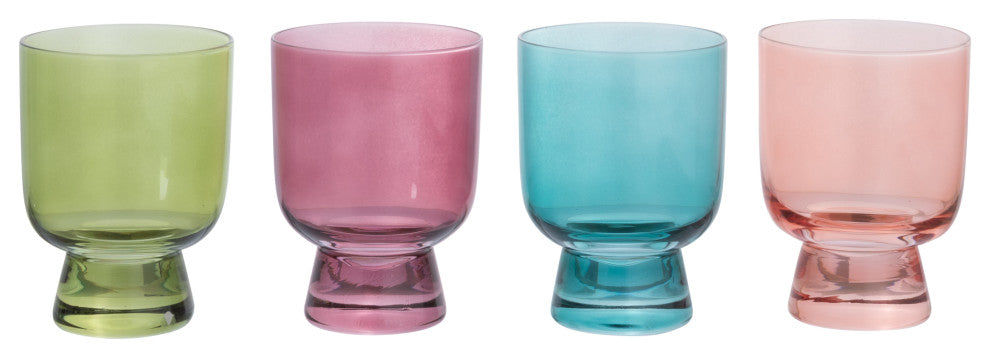 Hand Blown Footed Drinking Glasses, 6 Ounces, 4 Assorted Colors