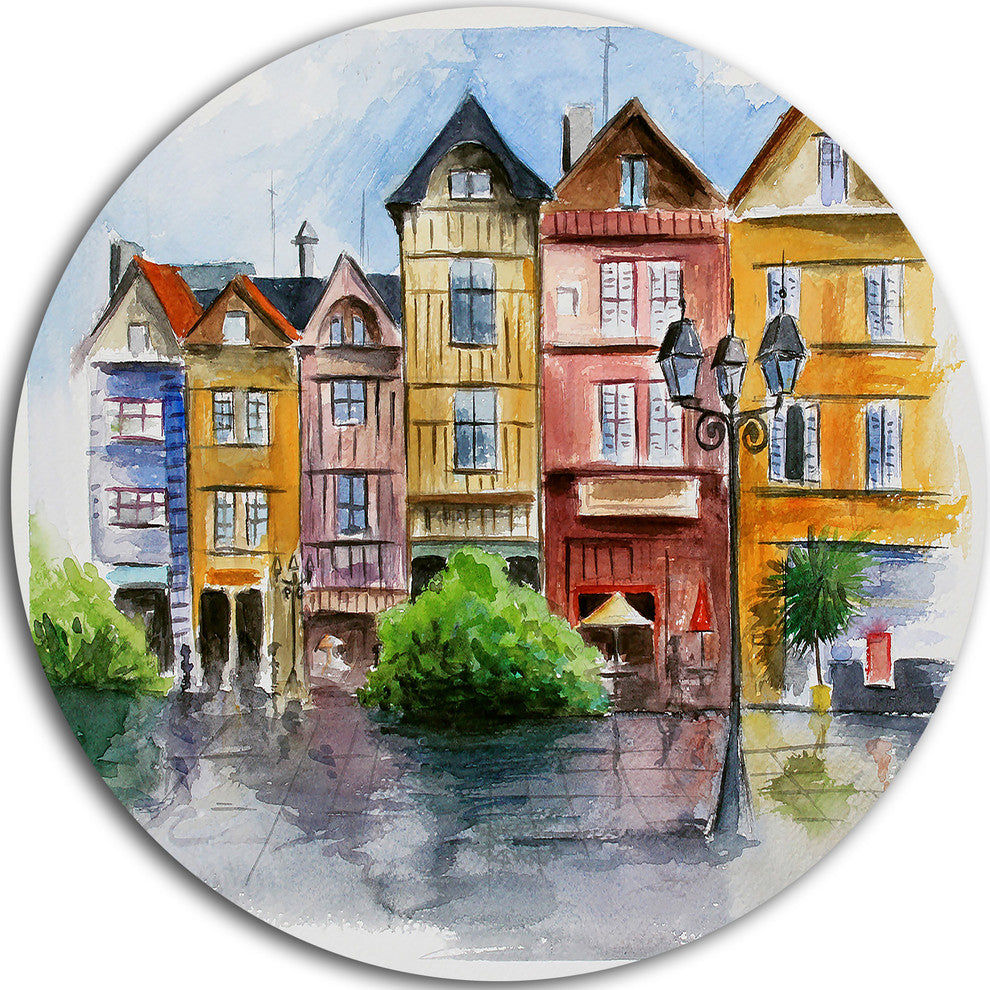Little City In Watercolor, Landscape Disc Metal Artwork, 23"