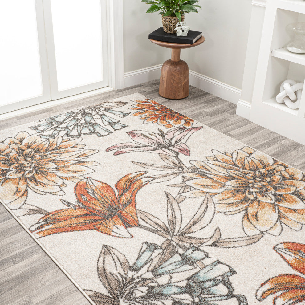 Giglio Modern Botanical Flower Area Rug, Orange/Blue/Cream, 5 X 8