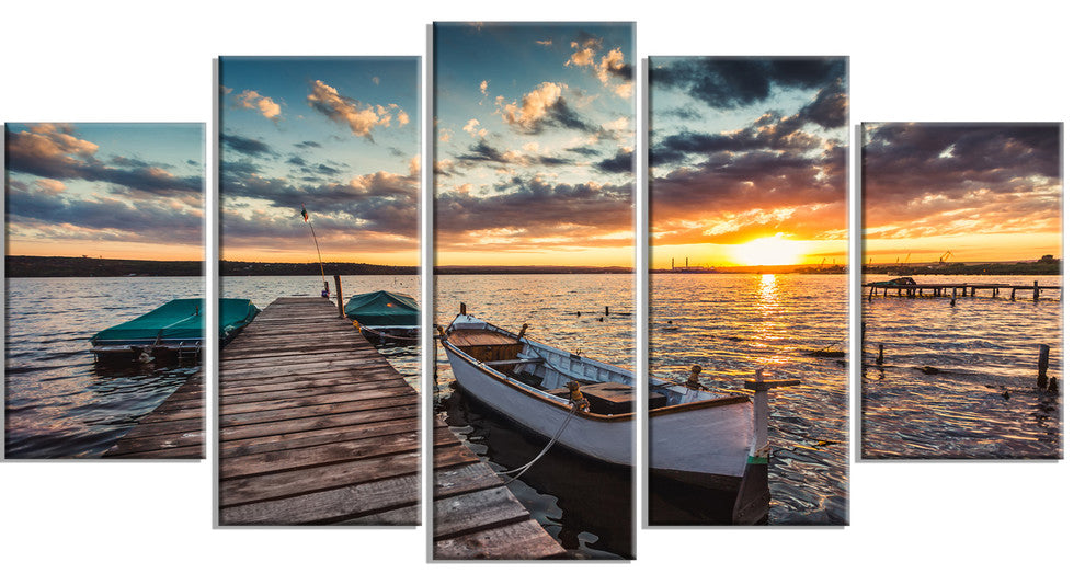 Boats and Jetty under Dramatic Sky, Large Modern Canvas Print, 60"x32", 5 Panels