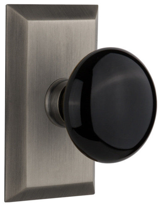 Double Studio Plate With Black Porcelain Knob, Antique Pewter