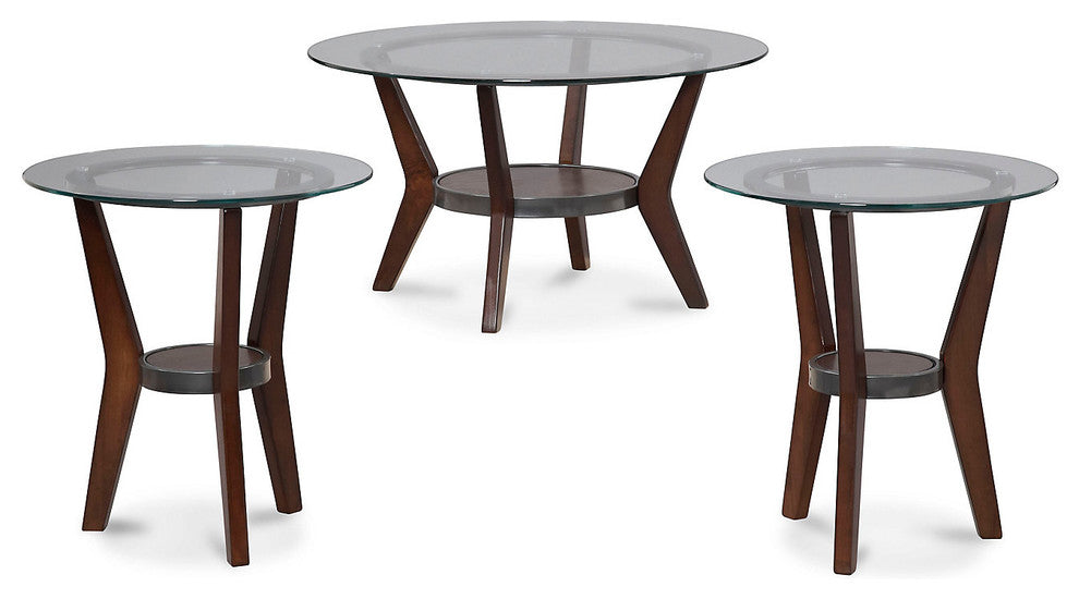 Benzara BM190111 Round Table Set with Glass Top & Lower Shelf, S/3, Brown