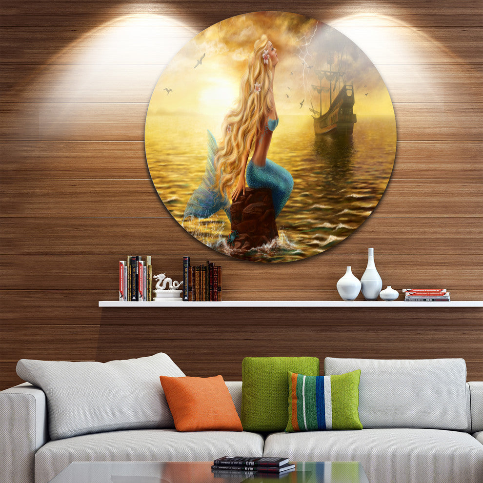 Sea Mermaid With Ghost Ship, Seascape Digital Disc Metal Artwork, 23"