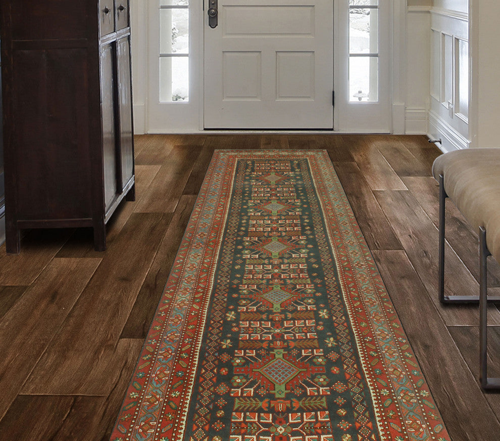 Fine Vintage Distressed Costari Navy/Rust Runner, 3'8x14'9