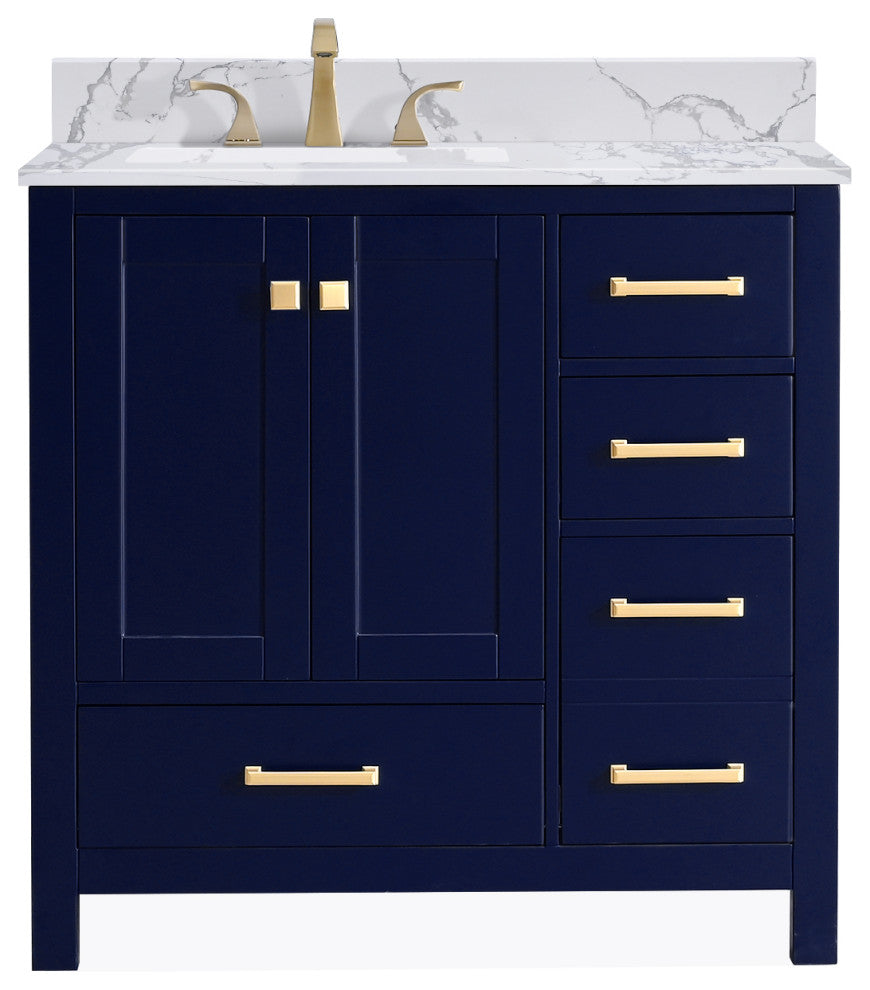 36" W Freestanding Bath Vanity, Navy Blue with Fish Belly Engineered Top