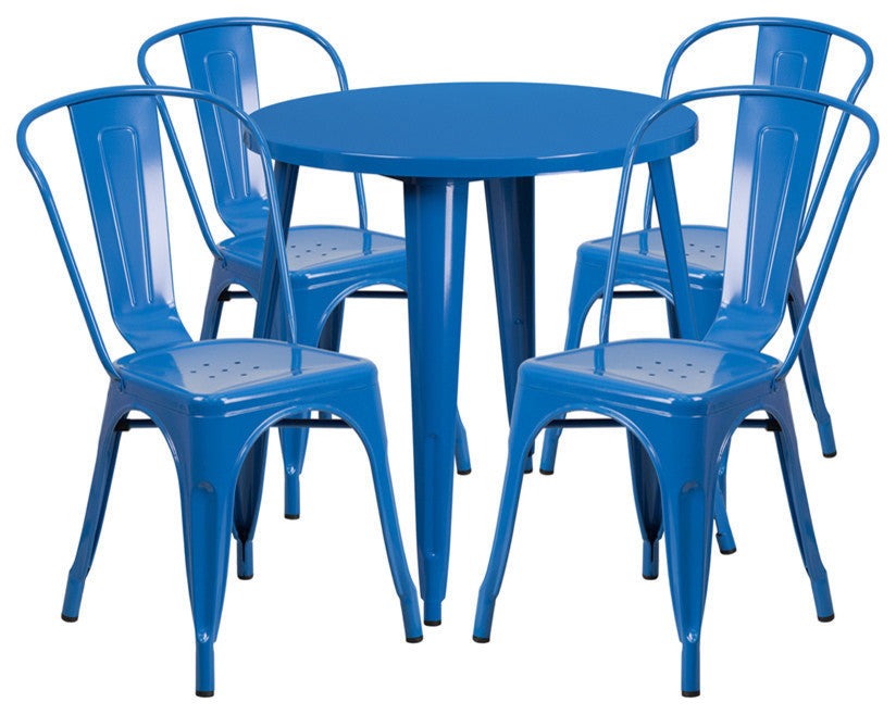 30" Round Blue Metal Indoor-Outdoor Table Set with 4 Cafe Chairs
