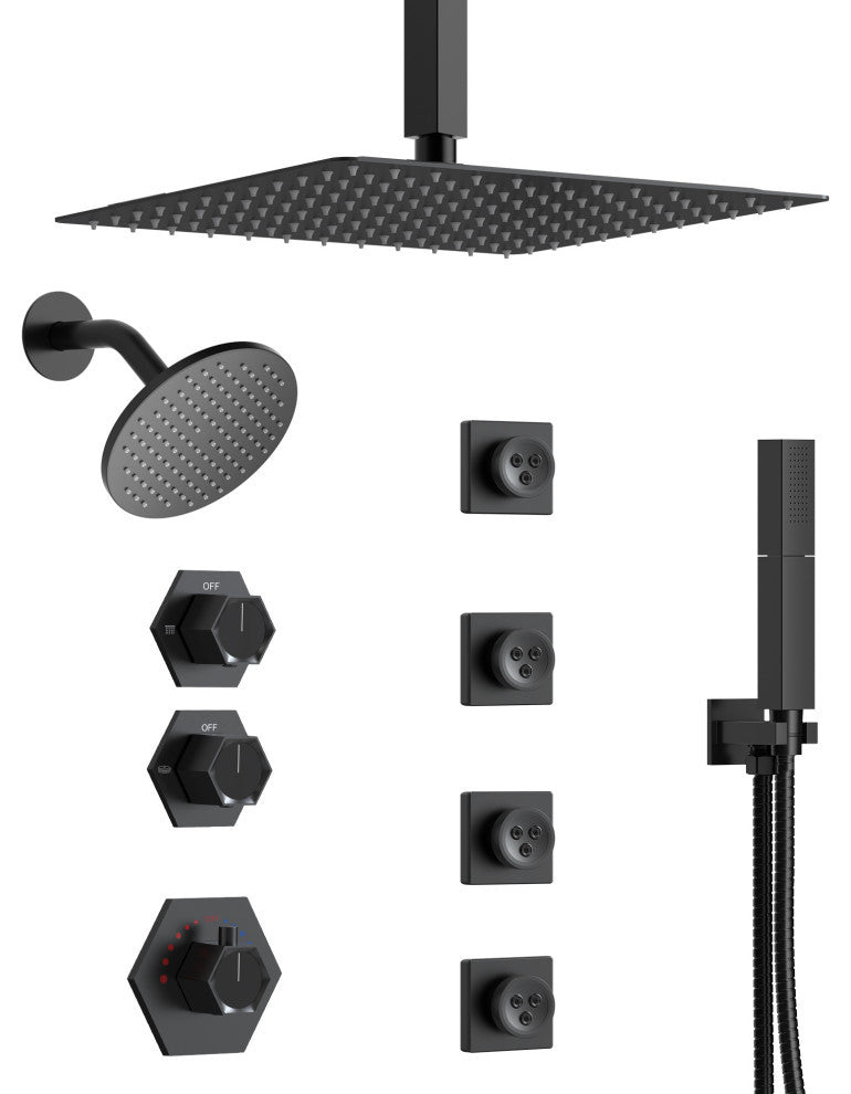 Themostatic Shower System 12" High-Pressure Dual Heads, Matte Black