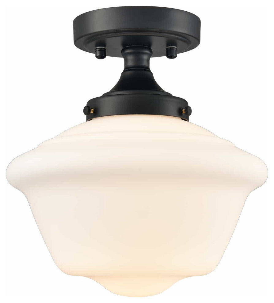 Black Schoolhouse Ceiling Light Fixture with Milk Glass Shade