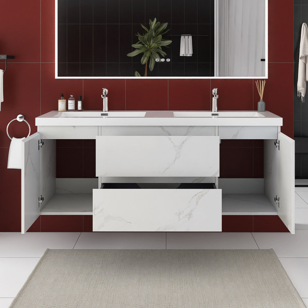 60 inch Wall-Mounted Bathroom Vanity Set with Resin Integrated Sink