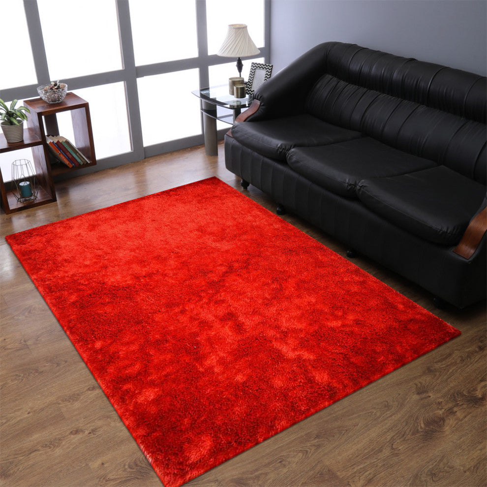HAND TUFTED SHAG POLYESTER ECO-FRIENDLY AREA RUGS -Light Red Color, Solid Design