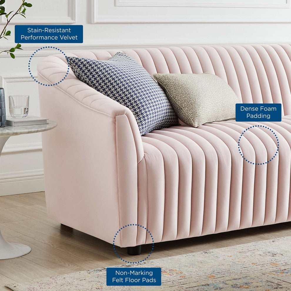 Tufted Sofa, Pink, Velvet, Modern, Mid Century Living Hotel Lounge Cafe Lobby