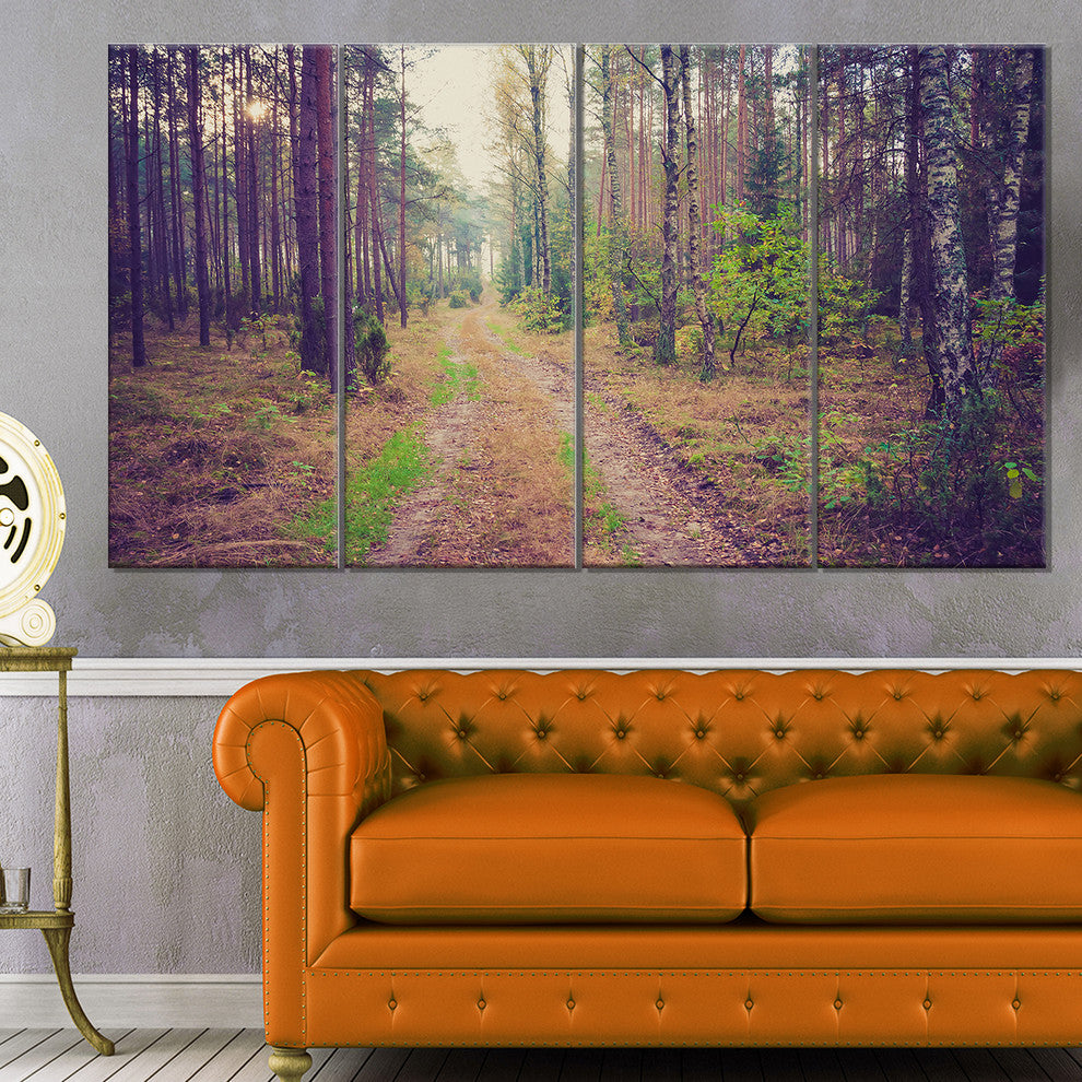 Straight Pathway in Thick Forest, Modern Forest Canvas Art, 48"x28", 4 Panels