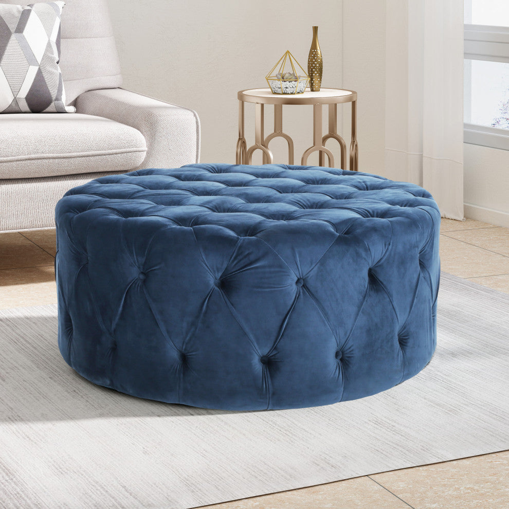 GDF Studio Limosa Round Tufted Velvet Ottoman, Blue
