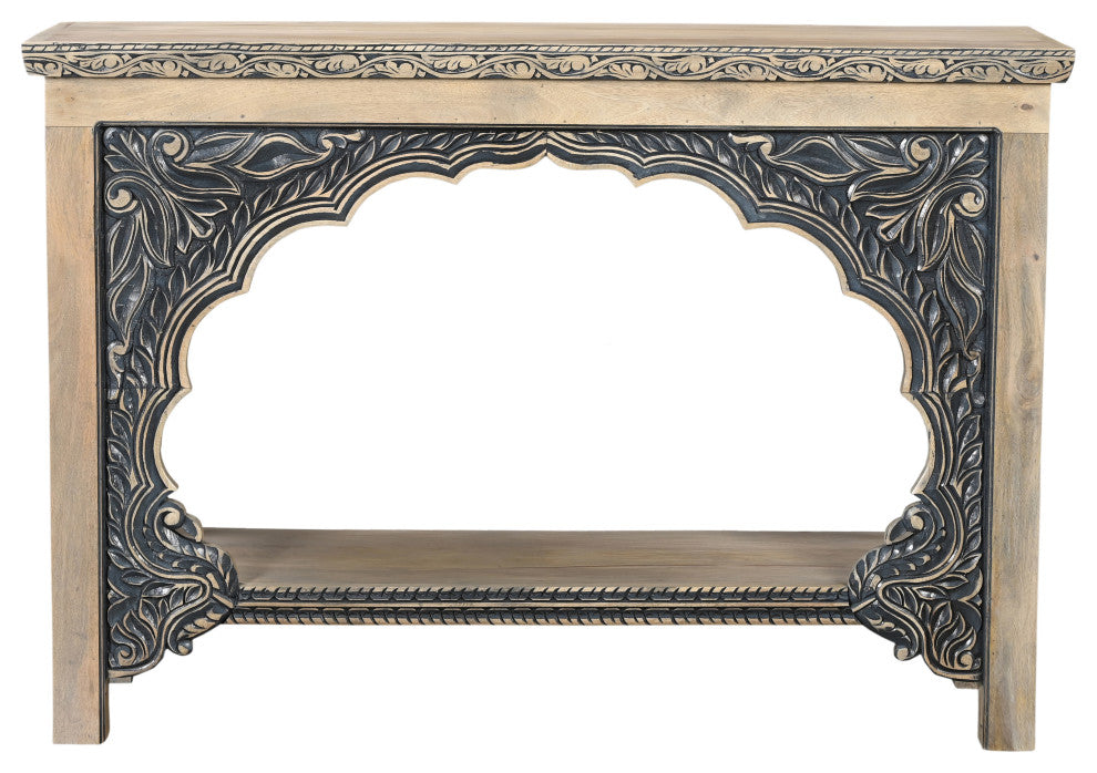 Sophia Carved Solid Wood Console Table, Beige/Black