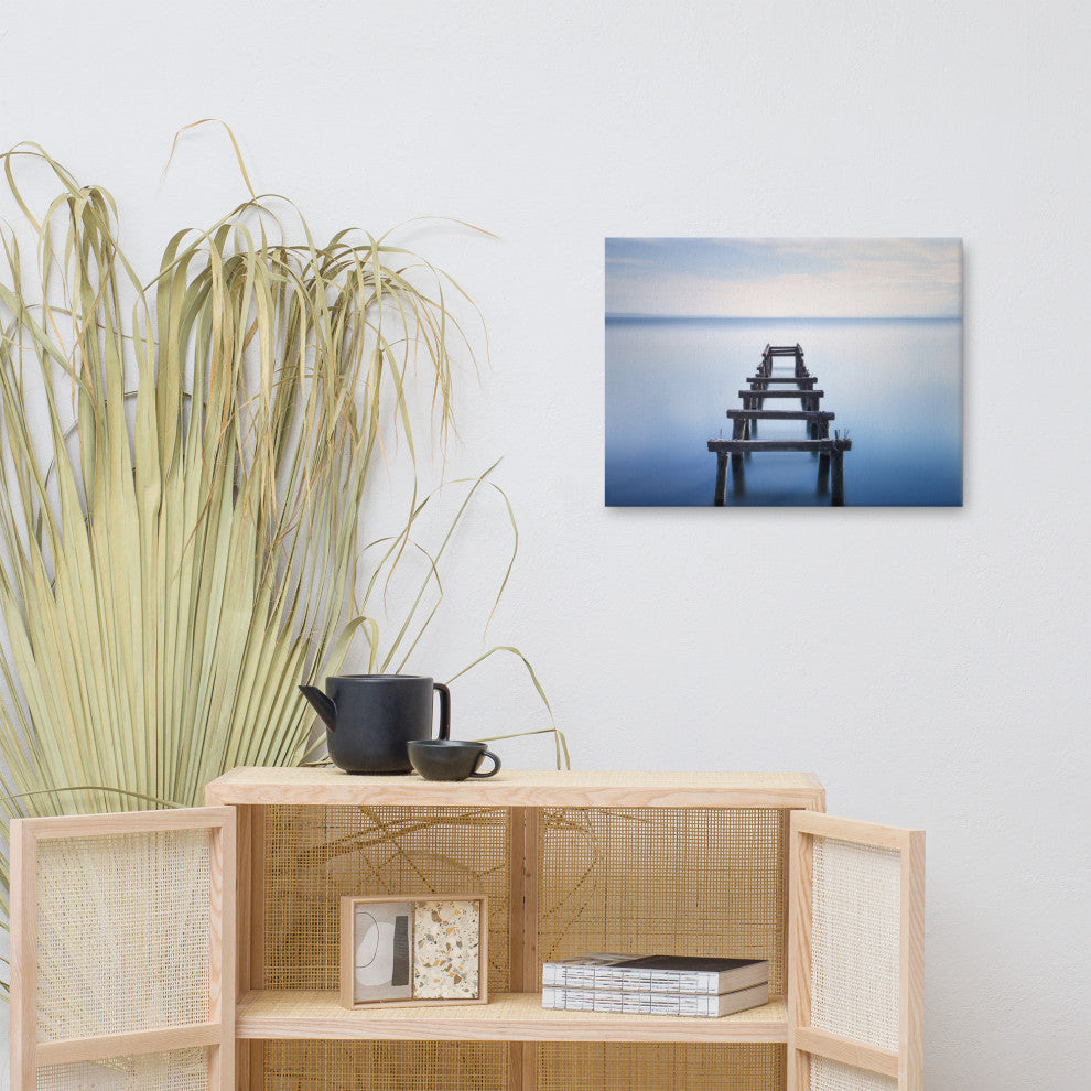 Soft Blue Lake and Abandoned Pier Coastal Landscape Photo Canvas Wall Art Print, 18" X 24"