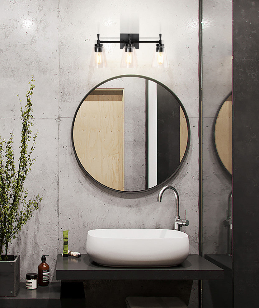 21 in. 3-Light Matte Black Vanity Light With Clear Glass Cone Shades