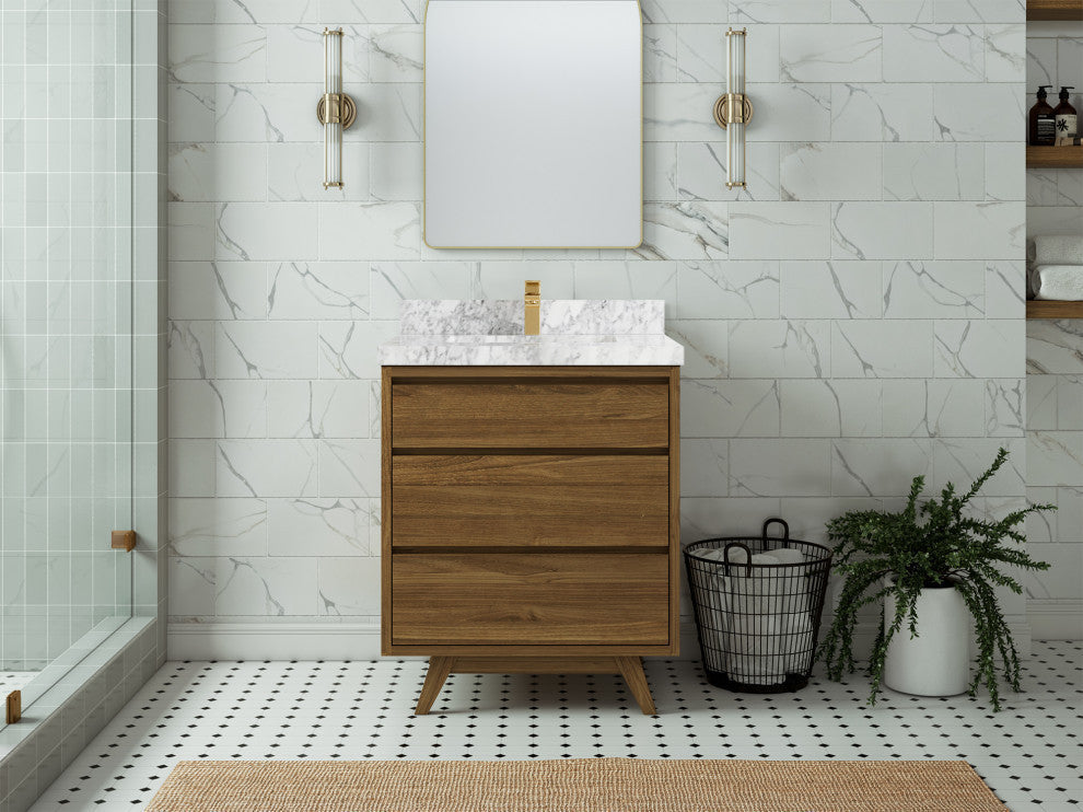 Madison  Teak 30 Single Sink Bath Vanity Golden Teak 2" Carrara Marble