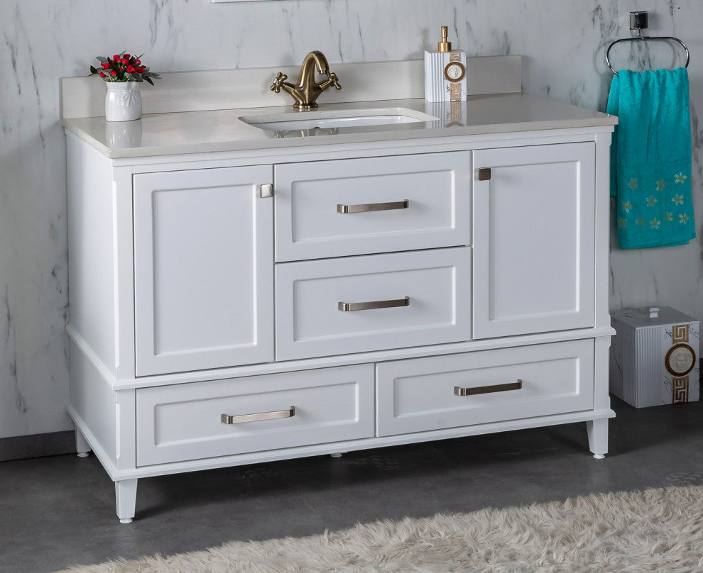Nera Collection 48" Bath Vanity Quartz Top and Ceramic Sink, White, 48"