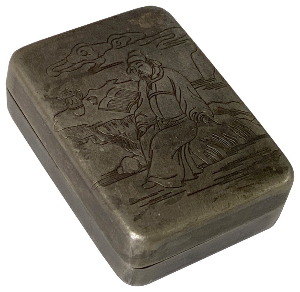 Chinese Handmade Metal Pewter Color Engraved Motif Trinket Box Hws1344