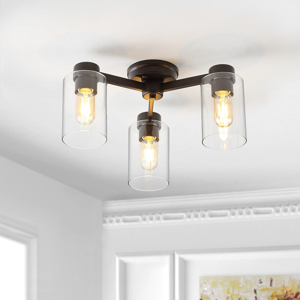 Orville 17" 3-Light Farmhouse Iron LED Semi Flush Mount, Oil Rubbed Bronze/Clear