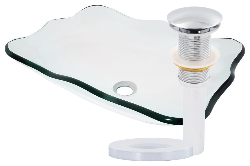 Elegante TIS-317C Clear Scalloped Glass Vessel Bathroom Sink w/ Drain Options, Chrome