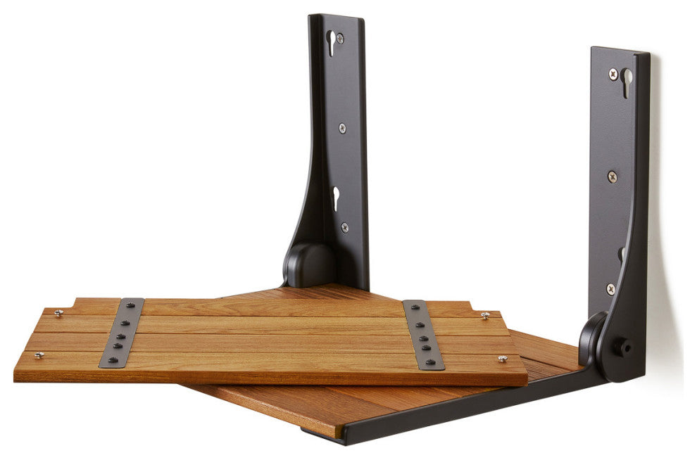 Silhouette Natural Teak Wood Folding Shower Bench Seat, Matte Black Frame