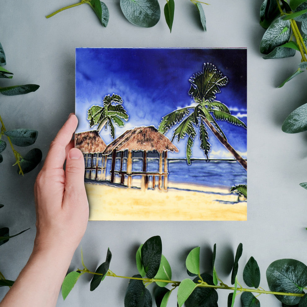 8x8" Palm With Palapa Ceramic Art Tile Hand Painted Trivet Hot Plate