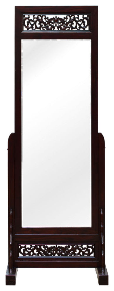Dark Cherry Dragon Motif Elmwood Chinese Full Length Floor Mirror