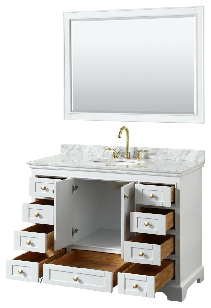 48" Single Bath Vanity, White, Carrara Countertop, Sink, Gold Trim, 46" Mirror