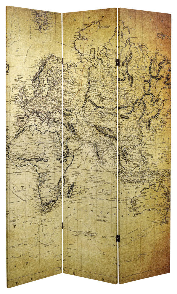 6' Tall Double Sided Vintage World Map Canvas Room Divider
