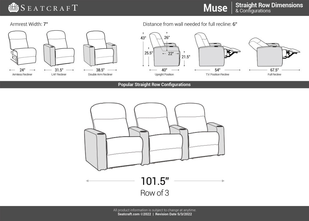 Seatcraft Muse Home Theater Seating, Gray, Row of 3