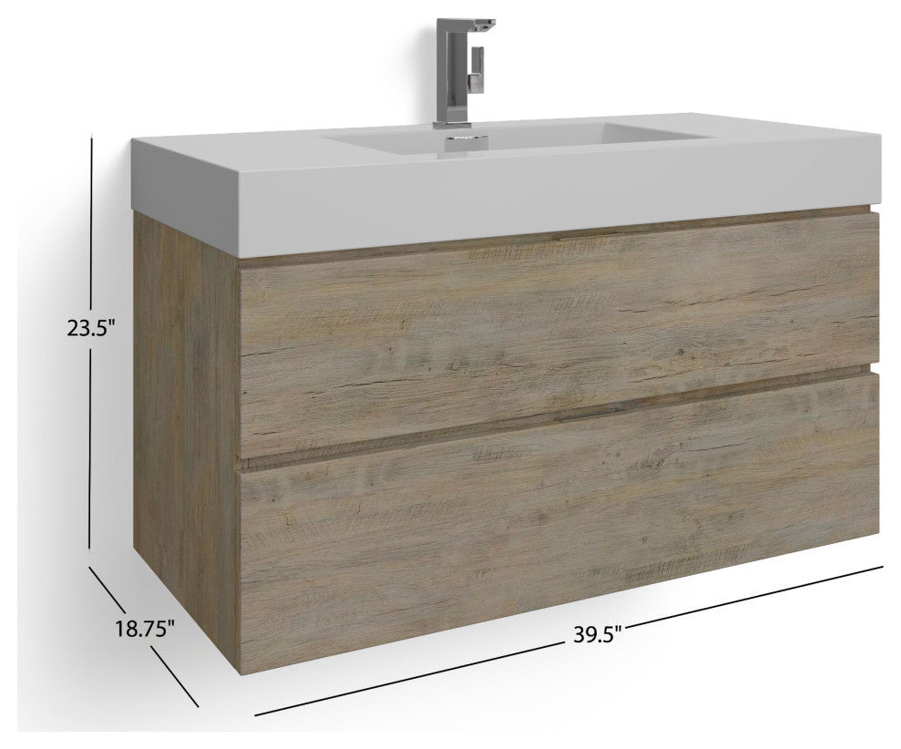 Boutique Bath Vanity, Natural Wood, 40", Single Sink, Wall Mount
