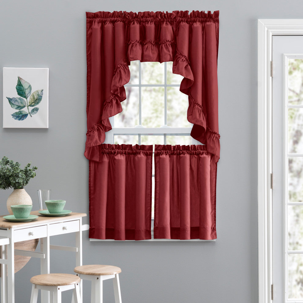 Ellis Curtain Stacey 60"x38" Ruffled Swag Curtain, Merlot