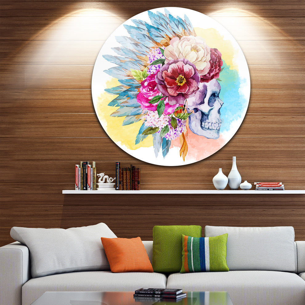 Skull And Flowers, Digital Floral Round Metal Wall Art, 36"