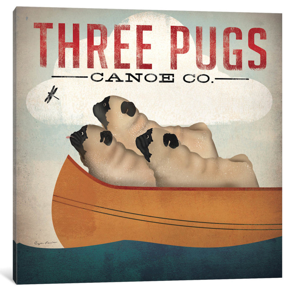 "Three Pugs in a Canoe v.3 " by Ryan Fowler, 26x26x1.5"