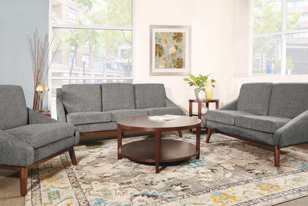Mid-Century Loveseat, Charcoal Fabric With Coffee Finish Legs