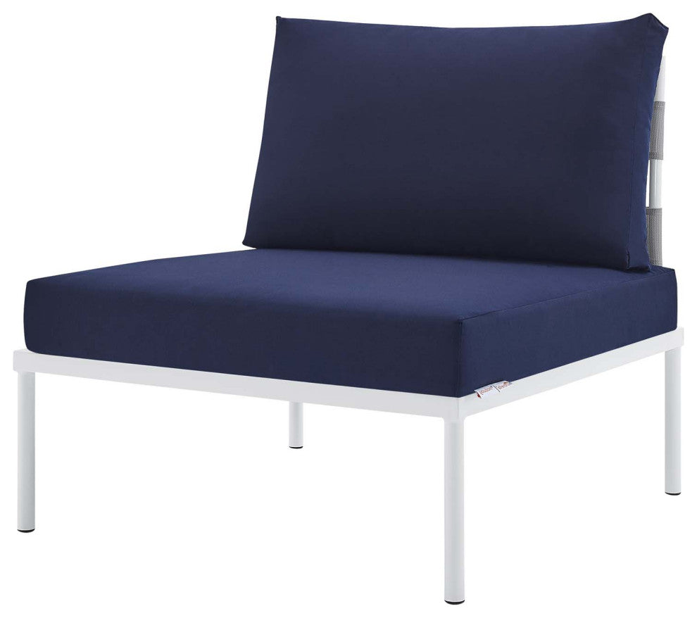 Sectional Sofa Chair Table Set, Sunbrella, Aluminum, Gray Blue Navy, Outdoor