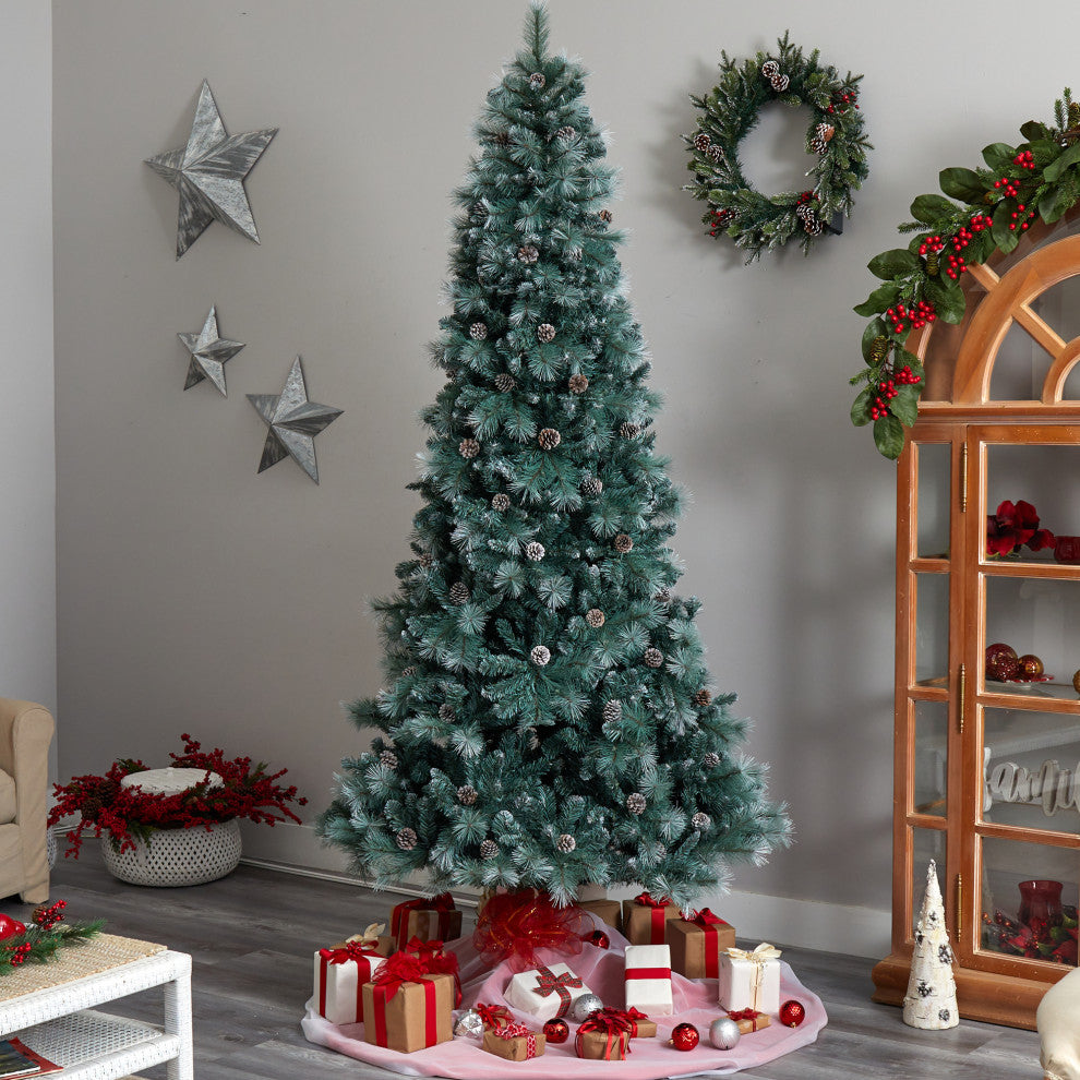9' Frosted Tip British Columbia Mountain Pine Faux Xmas Tree W/Lights & Pinecone