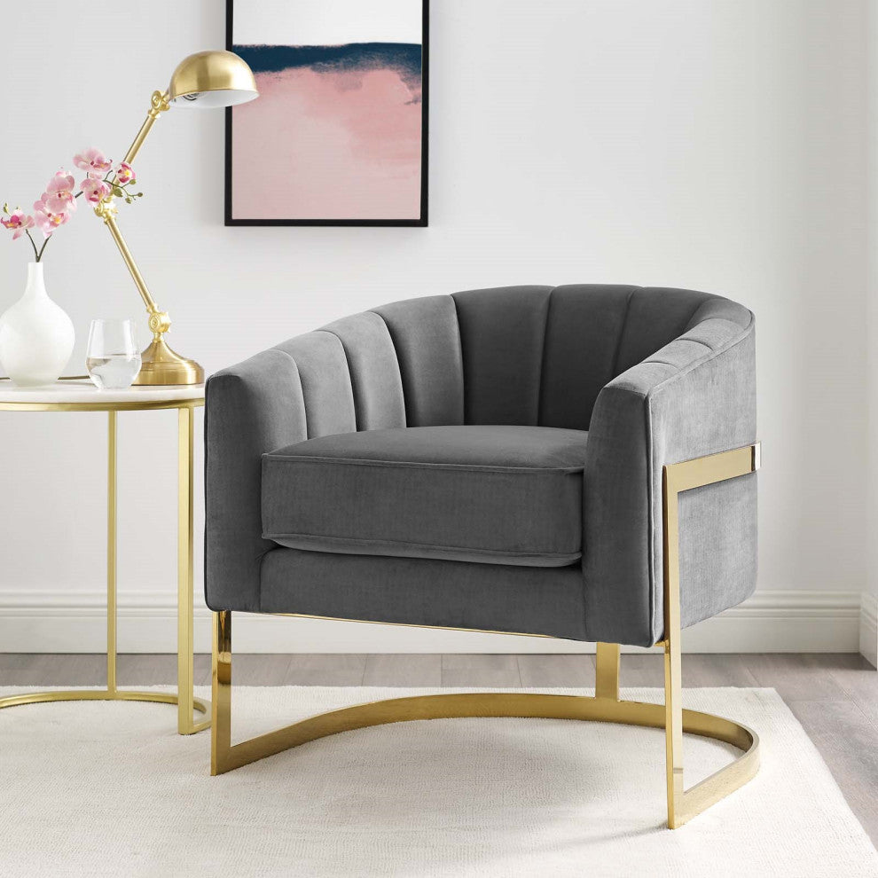 Velvet, Glamour Accent Chair, Luxe Glam Gold Club Chair, Grey