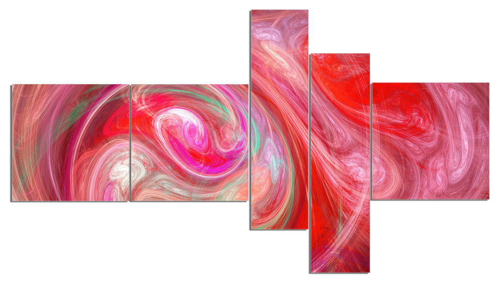 Red Fractal Pattern with Circles, Abstract Canvas Art Print, 60"x32", 5 panels