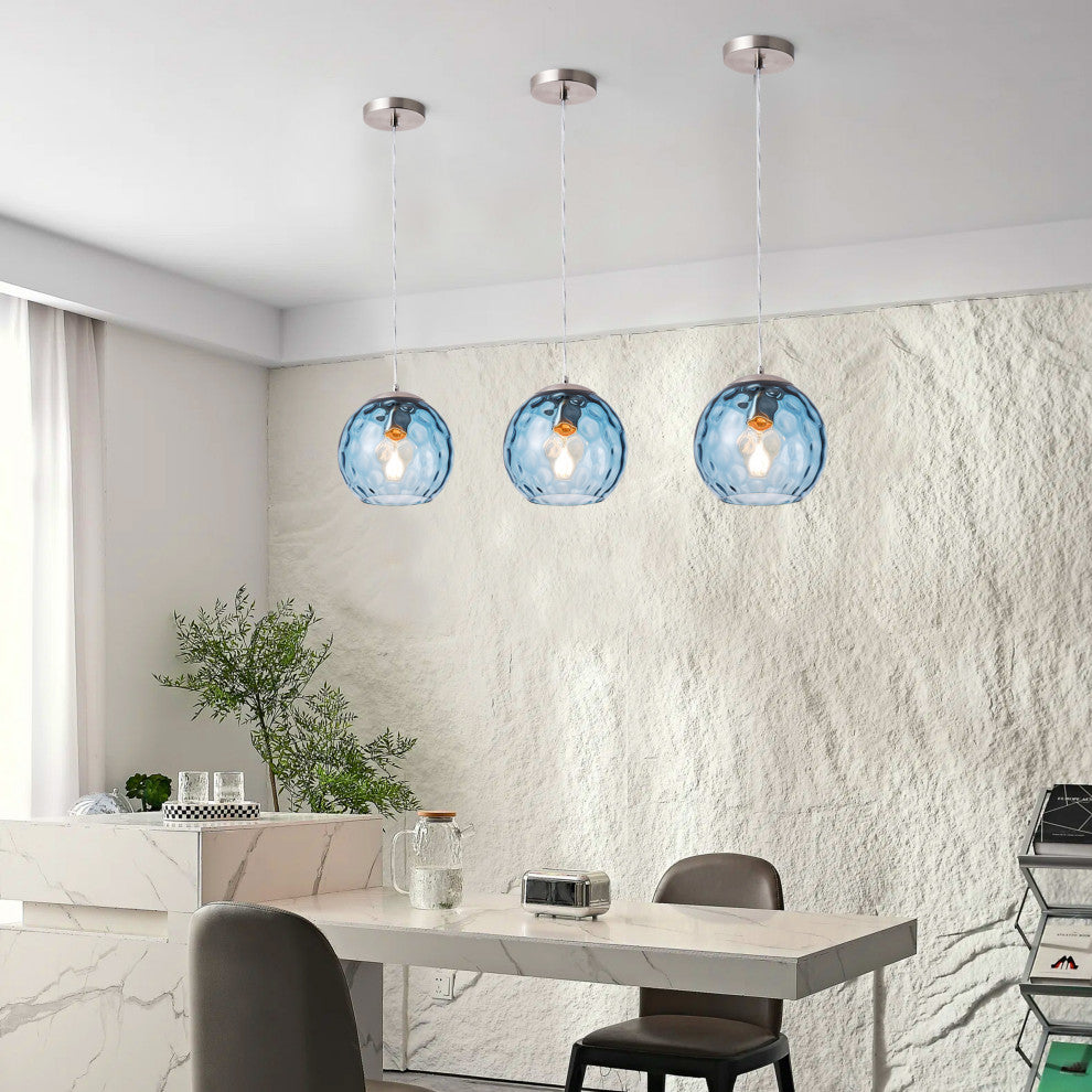 Modern Nickel Kitchen Island Pendant Light with Blue Water Ripple Glass Shade