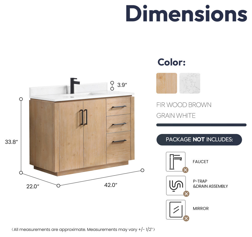 San Bath Vanity with Stone Top, Fir Wood Brown, 42", Single Vanity, No Mirror